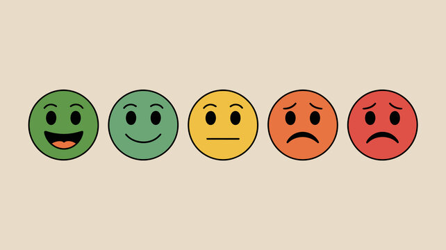 A series of five colorful emoji faces are displayed ranging in expression from very happy to very sad on a pale background high quality professional detailed