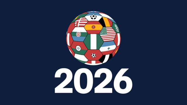 A colorful soccer ball is composed of various national flags representing global unity alongside the bold number 2026 high quality professional detailed modern elegant stylish clean