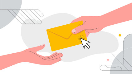 An illustration depicts two hands exchanging a yellow envelope with a cursor highlighting the transfer symbolizing digital communication high quality professional detailed modern elegant stylish clean