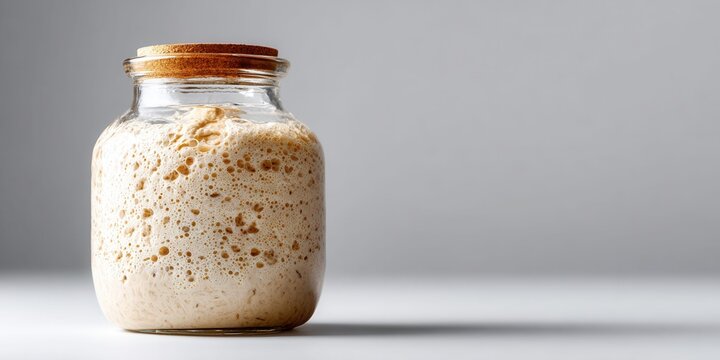 Active sourdough starter bubbling vigorously in a clear glass jar with a cork lid