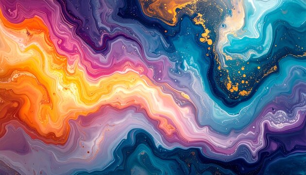 Colorful, abstract flowing artwork featuring marbled swirls of warm and cool hues with gilded accents, mimicking fluid dynamics and cosmic energy