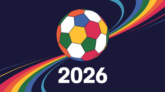 A colorful soccer ball is prominently displayed against a dynamic swirling background with the year 2026 featured below high quality professional detailed modern elegant stylish clean