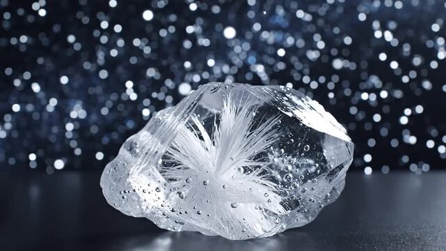 Raw Diamond Crystal Sparkling Against Dark Glittering Background.