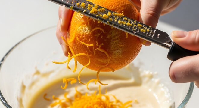 Close-up of hands zesting an orange over a bowl of creamy mixture.