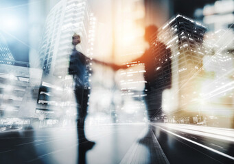 Business people, handshake and deal in office, double exposure and meeting for financial...