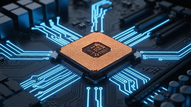 Dynamic blue light illuminates a sophisticated central processing unit on a circuit board, symbolizing high-speed data flow and powerful digital computing, representing advanced technology