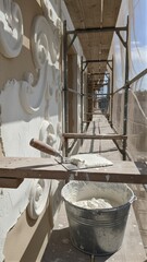 Obraz premium Construction site with a stucco bucket and trowel on scaffolding platform. Detailed plasterwork on building facade for renovation. Architectural restoration.