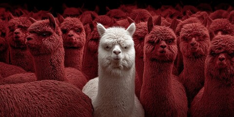 Fototapeta premium A single white alpaca stands out amongst a herd of red alpacas in a striking contrast