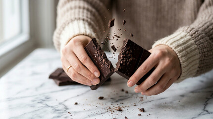 Obraz premium A person in a cozy sweater snaps a thick bar of dark chocolate in half over a white marble table. Small pieces and crumbs fly into the air in a dynamic action shot.