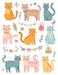 Cute illustrations of various colorful cartoon cats with floral decorations