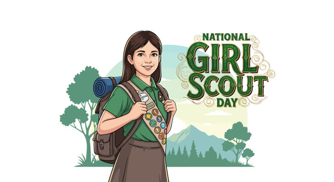 Illustration of a girl scout in uniform with a backpack standing in front of a scenic landscape with trees and mountains on National Girl Scout Day.