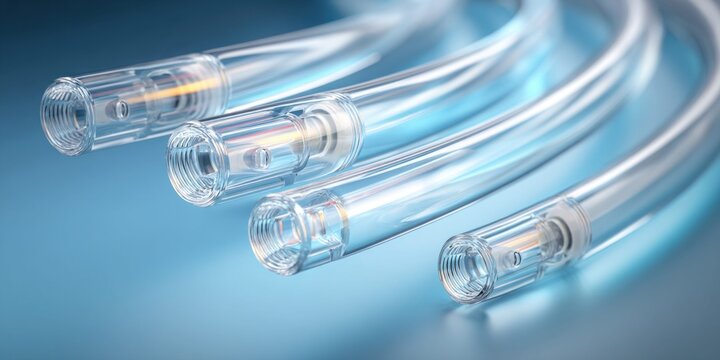 Close-up view of multiple transparent medical tubes with threaded connectors on a blue background