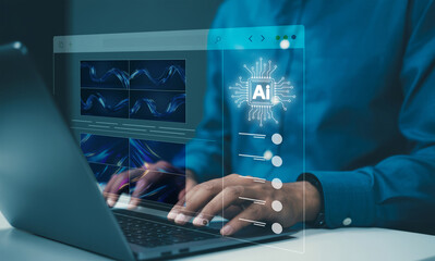 AI image creation technology. Man use AI software on a laptop to generate images, showcasing a...