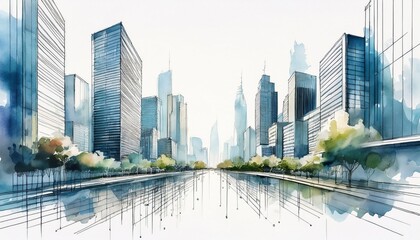 Fototapeta premium dreamy watercolor sketch of a minimalist cityscape with modern buildings fading gracefully into a soft white background