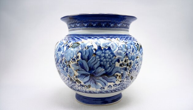 elegant blue and white porcelain vase with floral designs displayed on a white background