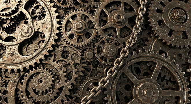 Intricate Clockwork Mechanism: Close-up of Rusty Gears and Chain