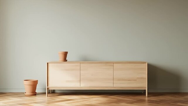 Modern Minimalist Wooden Sideboard with Terracotta Pots.