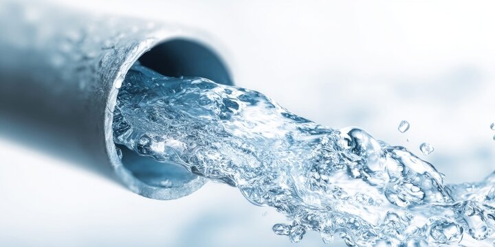Clear water gushing out of a metal pipe in a dynamic splash and flow