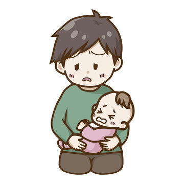 育児疲れで悩み落ち込む父親と泣く赤ちゃんのイラスト