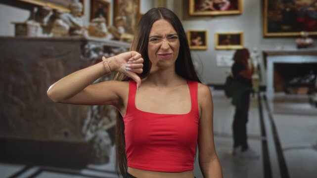 Woman showing thumbs down with both hands and scrunched face inside building art gallery wearing red crop top and watch; disapproval critique.