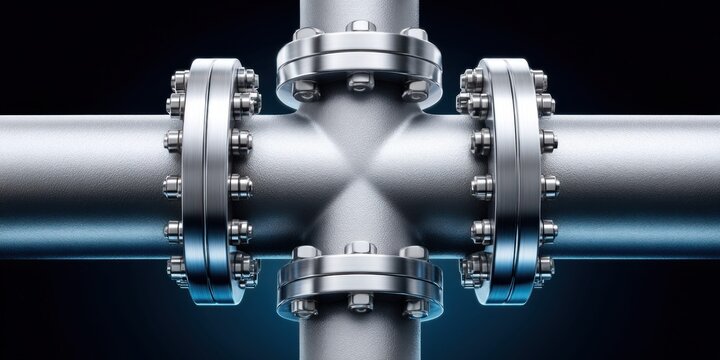 Close-up of a metallic pipe junction with flanges and bolts against a dark background