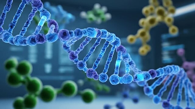 DNA Helix Structure with Molecules in Background.