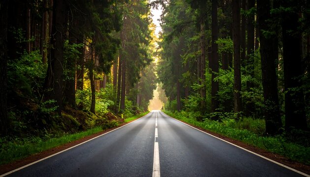 Road winding through dark dense forest, sunlight shining in the distance