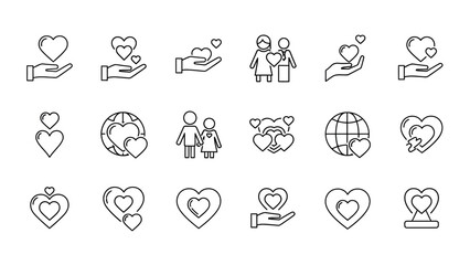Set of simple line art vector graphic illustrations featuring hearts and people symbolizing love and affection in various forms and styles. © MARS