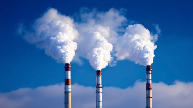 Thick white smoke billows from the factory chimneys against the blue sky. The three industrial chimneys symbolize air pollution and environmental impact.
