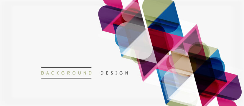Abstract geometric shapes overlap, creating vibrant colorful design. White space dominates background, text labels present bottom left corner.