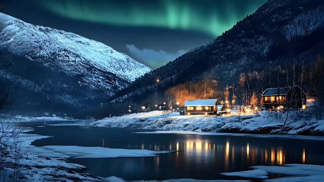 Stunning Aurora Borealis Over Snowy Cabins by a Tranquil Lake in Winter Mountains