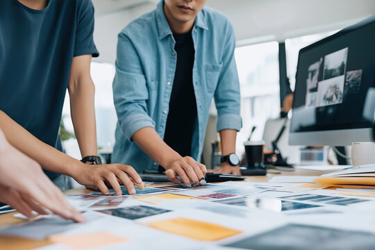 Professional creative agency studio displays colorful swatches and mood boards on wooden desk next to computer monitor showing photography project layouts.