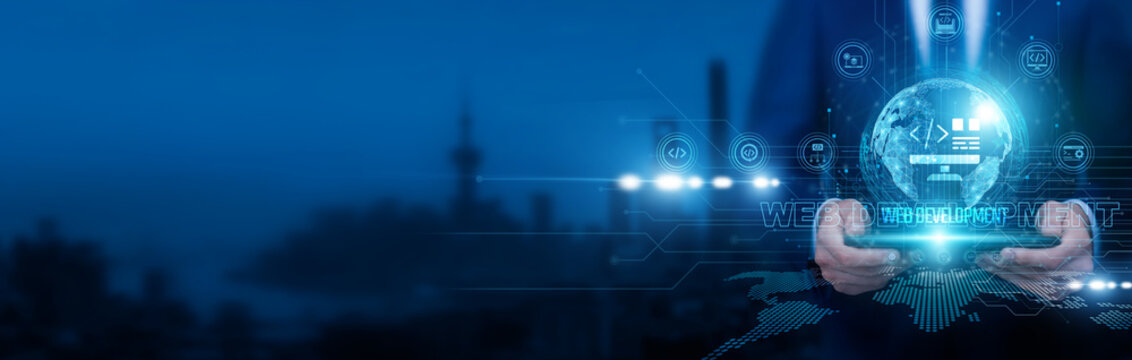 Software engineer holding a black touch tablet and pointing at web development code structure on interface layers and UI frameworks. Web development workflow improving design and functionality.