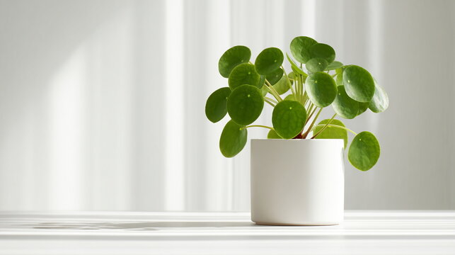 Chinese money plant with round green leaves in modern white pot on bright background. Minimal interior decor with popular houseplant