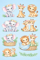 Obraz premium Cute cartoon baby animal collection with dog cat bear rabbit lion elephant horse and giraffe characters in a playful vector illustration set