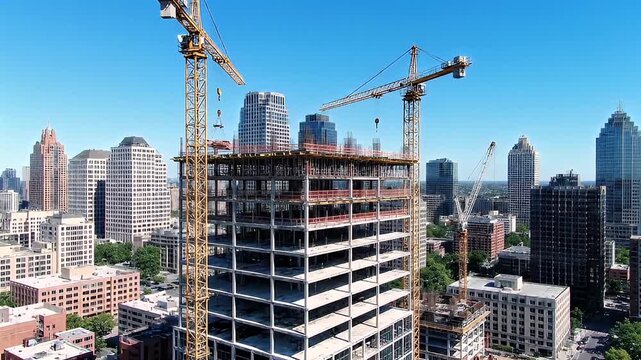 Construction Site with Cranes in City Center.
