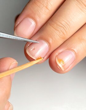 Close-up of a hand with nails being inspected and treated