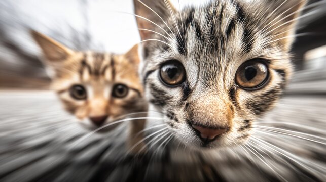 Close-up extreme perspective of two curious kittens with wide eyes looking directly at the camera