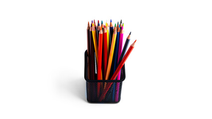Fototapeta premium Colorful pencils in the organizer are isolated on a white background. High quality photo