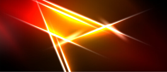 Naklejka premium Abstract vibrant lines intersect, creating bright energy. Warm colors dominate dark background. Dynamic composition suggests speed, power.