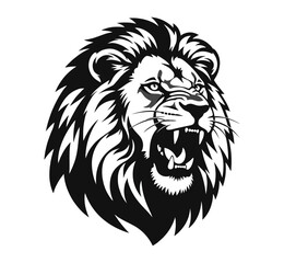 Fierce lion head illustration showcasing powerful mane and sharp teeth in a detailed black and white graphic