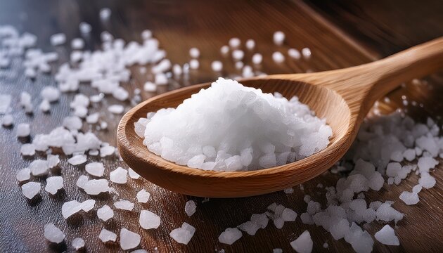 eat less salt wooden spoon filled with white salt crystals healthy diet awareness concept close up view sodium reduction nutrition heart health hypertension prevention lifestyle message background