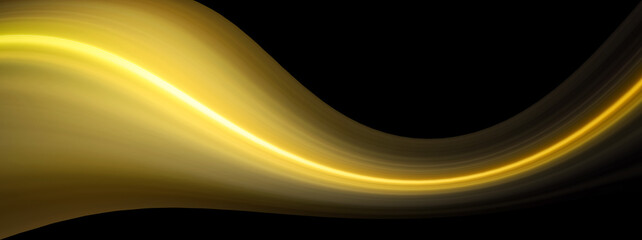 黒背景に流れる金色のネオン光の波線　テクノロジー・デジタル背景