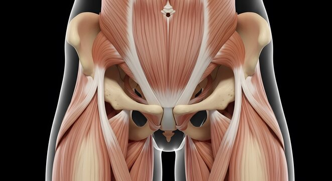 Detailed 3D rendering of human pelvic floor muscles and hip joint structure isolated on a black background