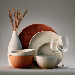 Modern ceramic bowl, plate, vase, and glassware set with textured surface, neutral and terracotta color, elegant tableware arrangement
