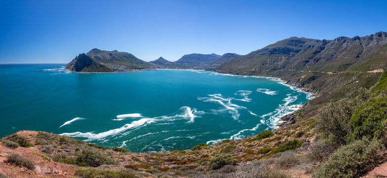 scenic panorama view of hout bay cape town from chapmans peak viewpoint in summer