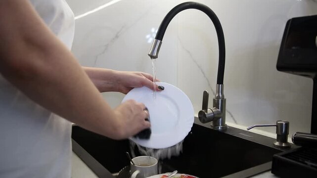 Close up view of woman hands washing white ceramic plate with cleaning sponge in black kitchen sink. Water flows from modern flexible faucet. Daily household chore, cleanliness maintenance, hygiene pr