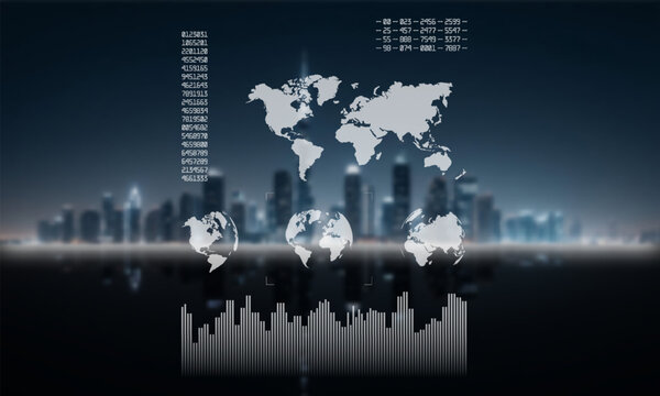 Vector blurred modern night city with skyscrapers. Infographic. Equalizer, planet Earth in different positions and columns of numbers. World map. Global and urban economy. Reflection in water