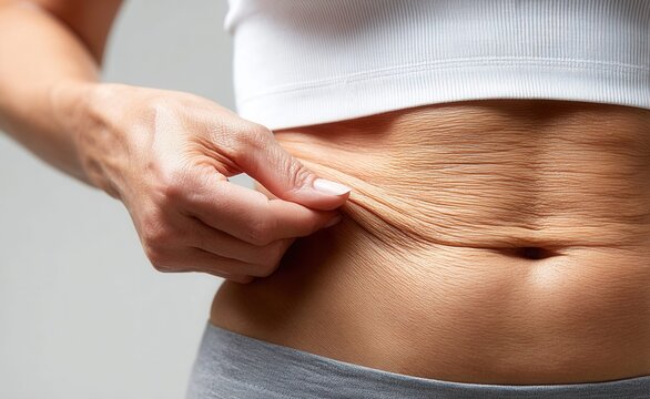 Close-up of a woman's wrinkled abdomen, highlighting skin texture and aging concerns