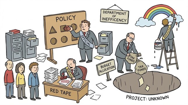 Office workers navigate policy inefficiencies and bureaucracy in a chaotic workspace with red tape and unknown project challenges